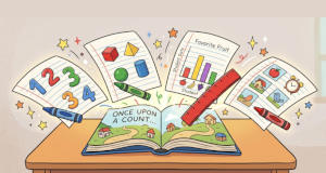 image of book with math stories coming out of it